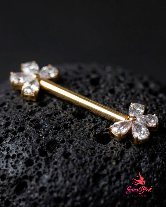 Barbell em Titânio PVD Gold com Flores de Zircónias