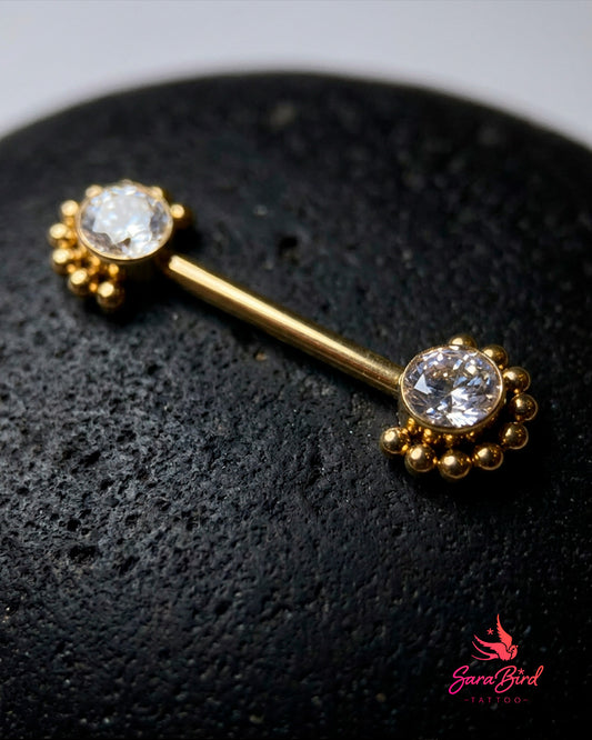 Barbell Push Pin Rosette em Titânio PVD Gold com Zircónia
