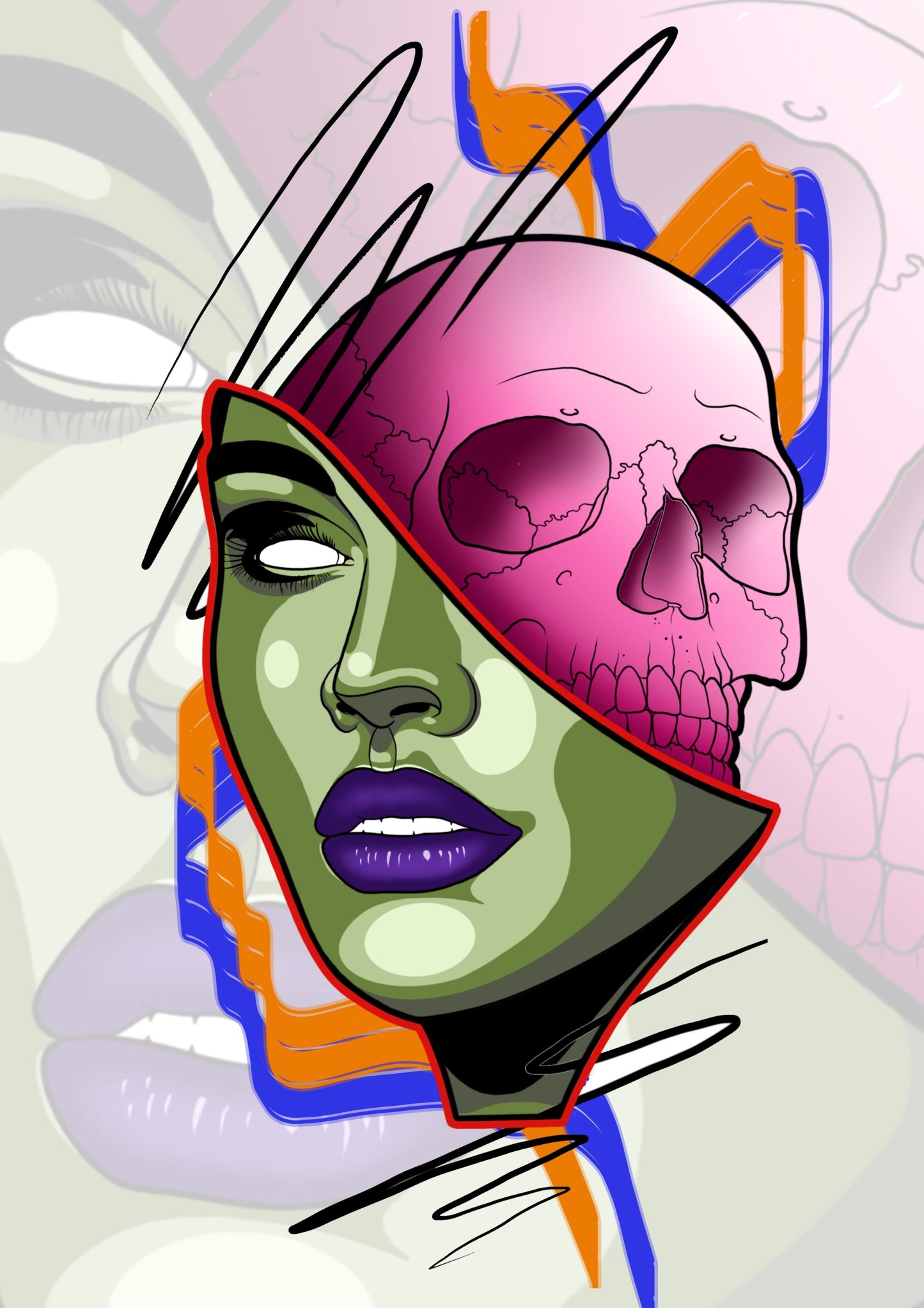 Pedro Rodrigues - Woman with Skull - Drawing ready to tattoo