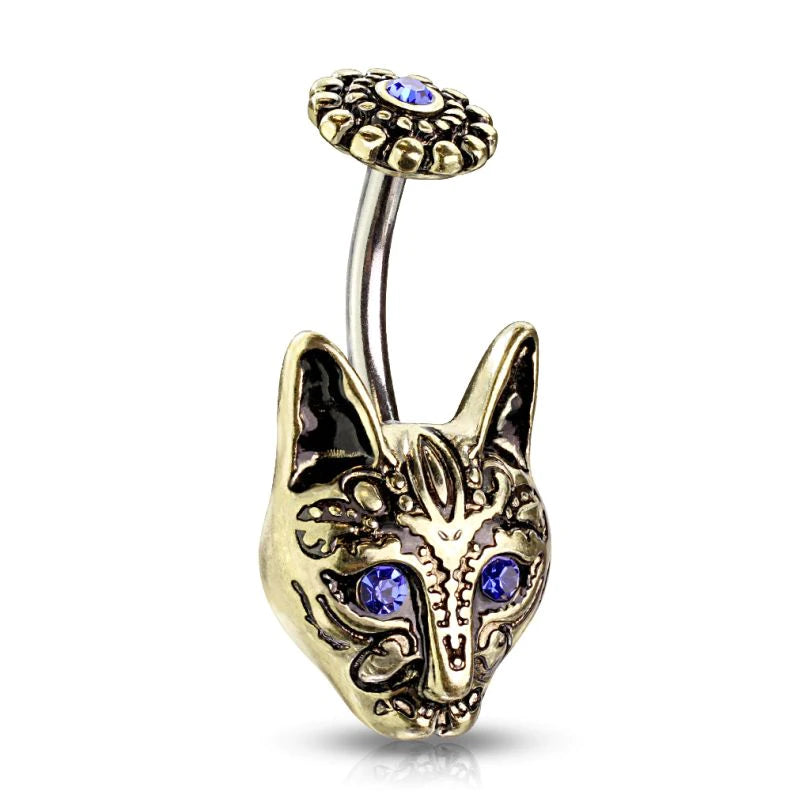Belly Button With Tribal Cat and Blue Eyes