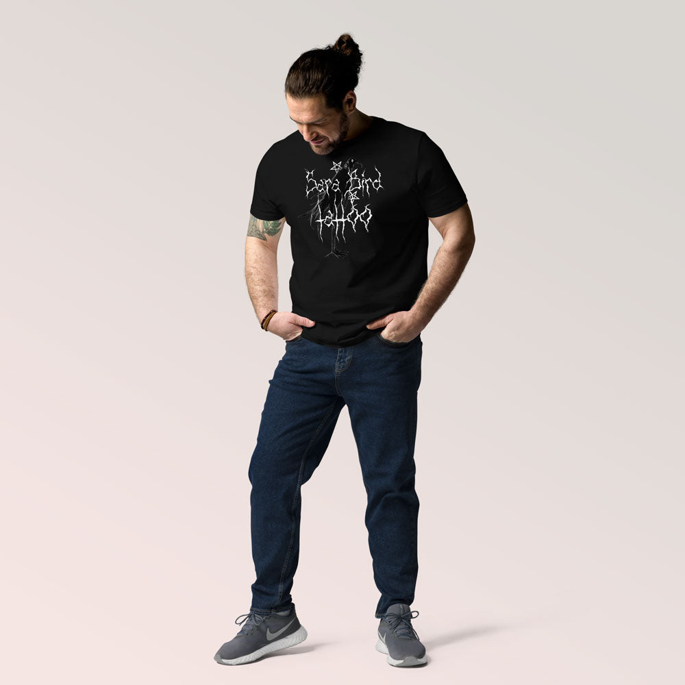 T-Shirt Preta com Logo Estilo Banda de Metal 🤘T-Shirt de Algodão Orgânico Unissex