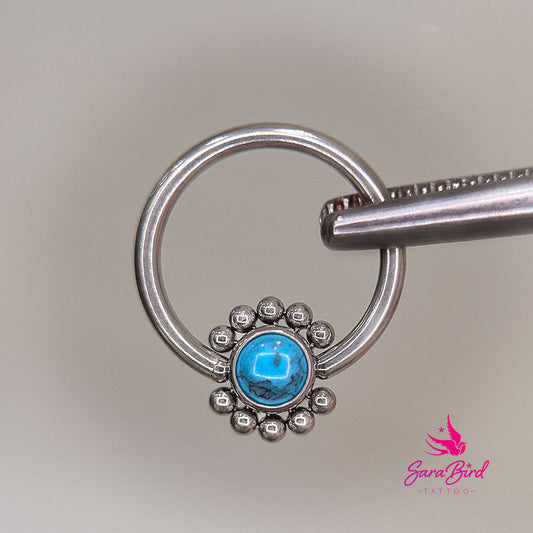 Argola Em Titânio com Opala Azul e Miçangas