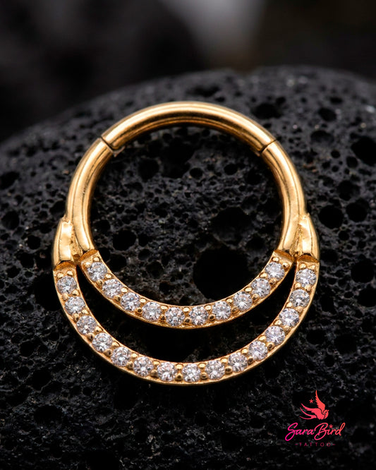 Argola Clicker Dupla Pavé em Titânio PVD Gold