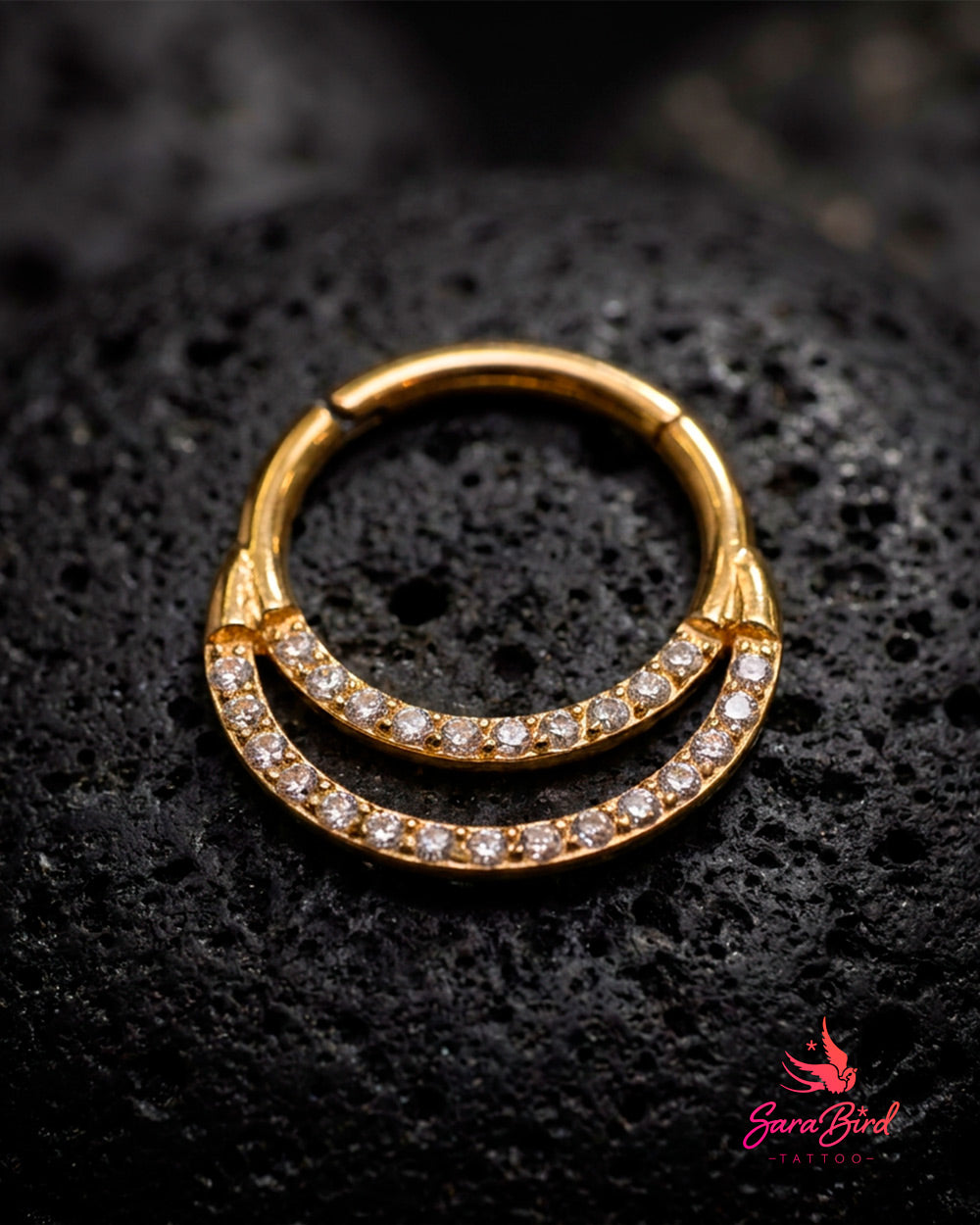 Argola Clicker Dupla Pavé em Titânio PVD Gold