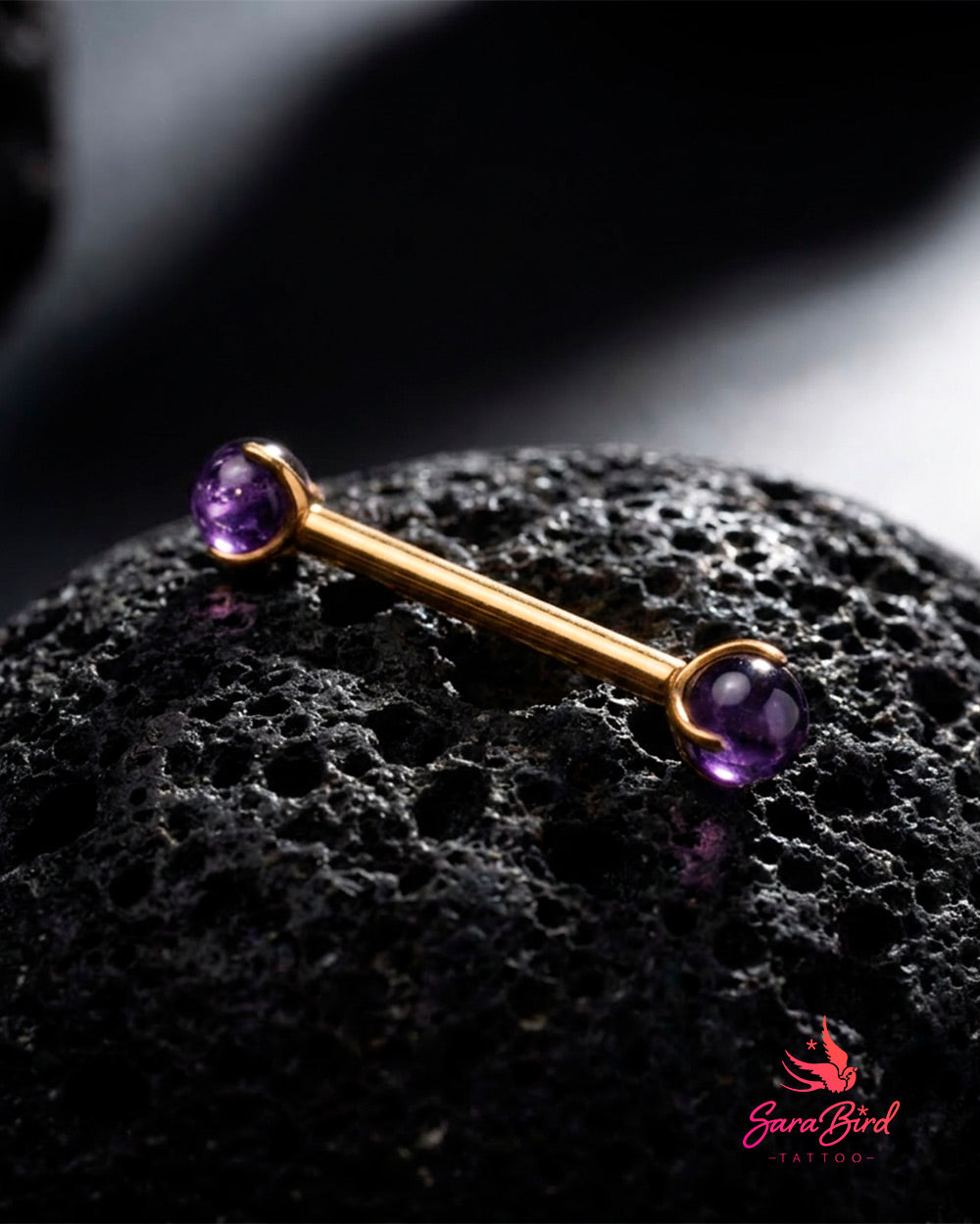 Barbell em Titânio PVD Gold com Zircónias Cor Ametista