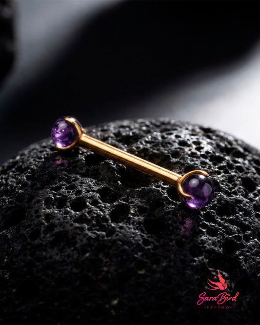 Barbell em Titânio PVD Gold com Zircónias Cor Ametista