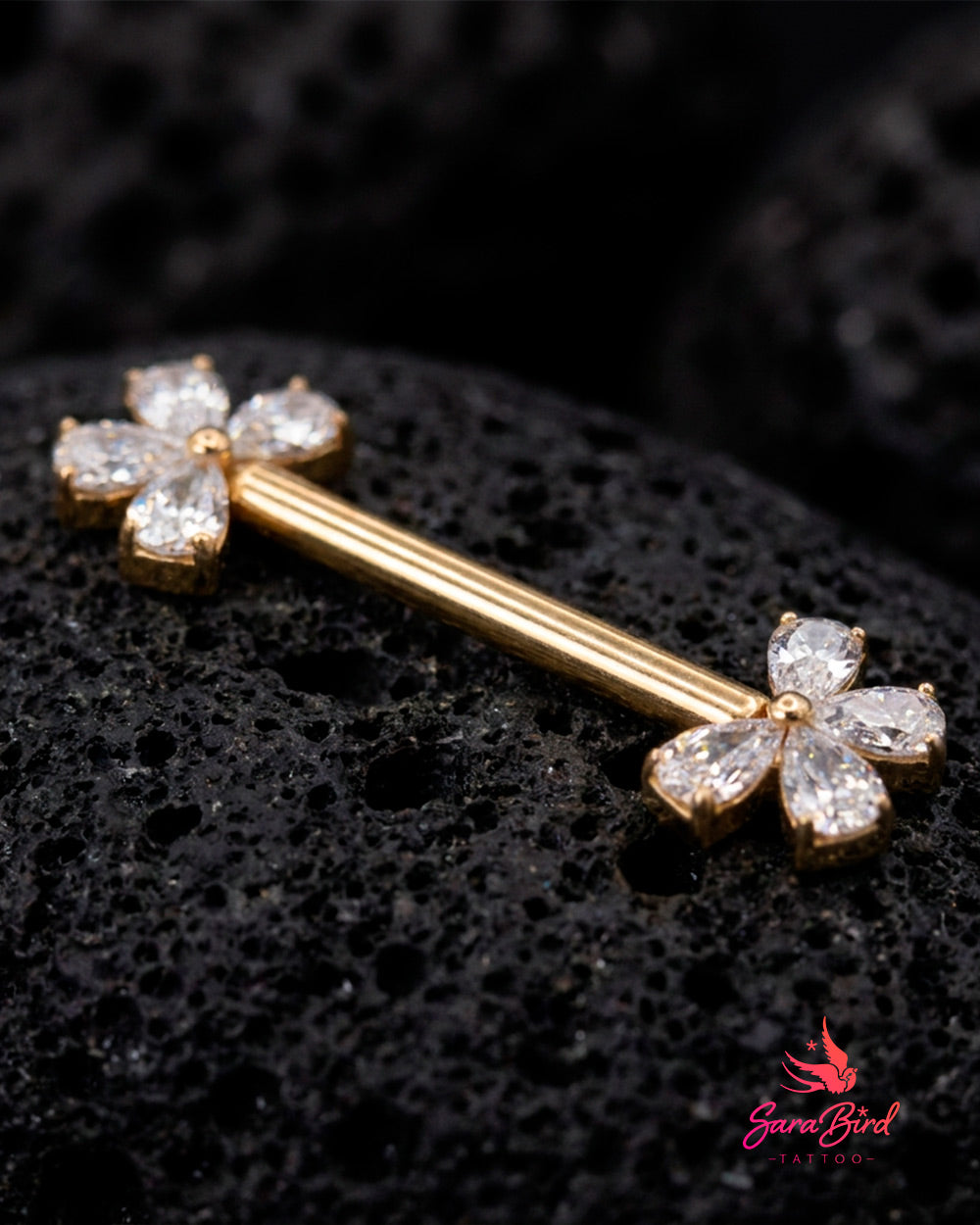 Barbell em Titânio PVD Gold com Flores de Zircónias