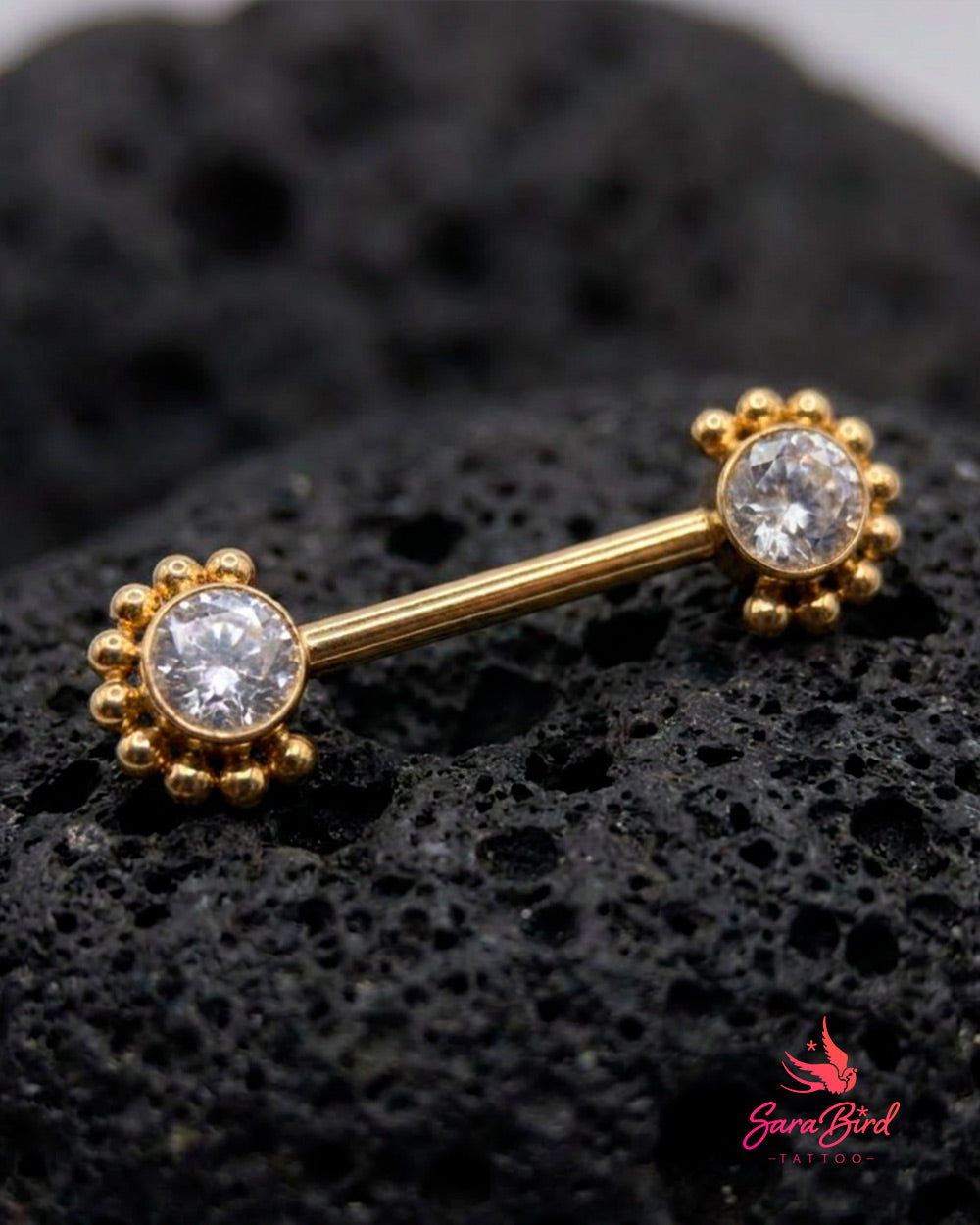 Barbell Push Pin Rosette em Titânio PVD Gold com Zircónia