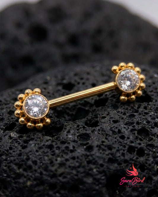 Barbell Push Pin Rosette em Titânio PVD Gold com Zircónia