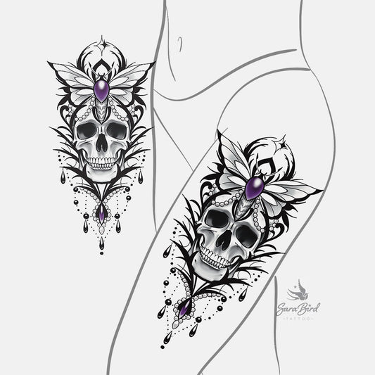 Sara - Caveira com Ornamentos de Cristais e Mariposa