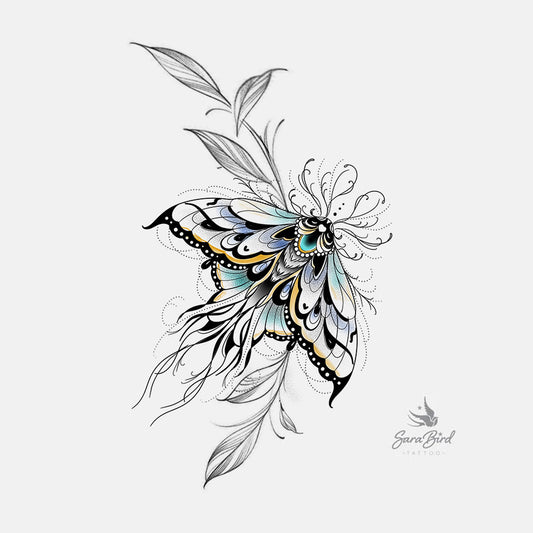 Sara - Mariposa Estilo Neo Tradicional com Ornamentos Florais Elegantes 🌸🦋