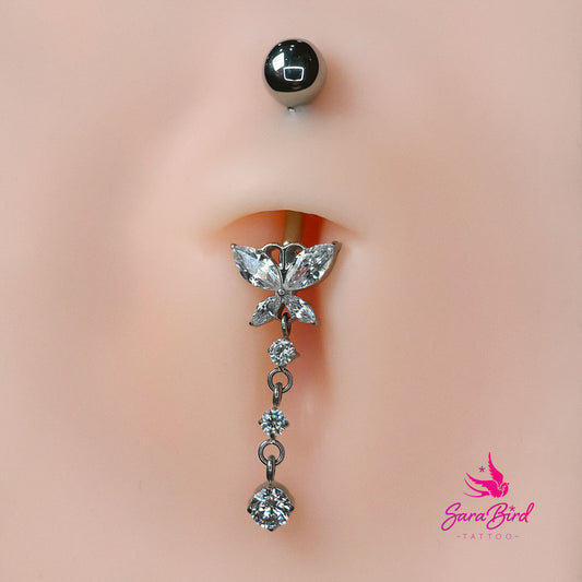 Navel em Titânio com Borboleta e Pendentes Em Zircônia