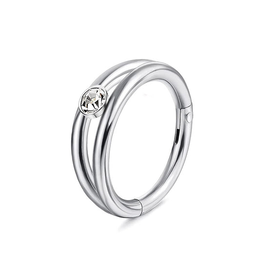 Double Ring Hoop with Diamonds in Zirconia in Surgical Steel 316L