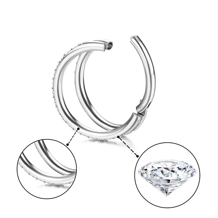 Double Ring Hoop with Diamonds in Zirconia in Surgical Steel 316L