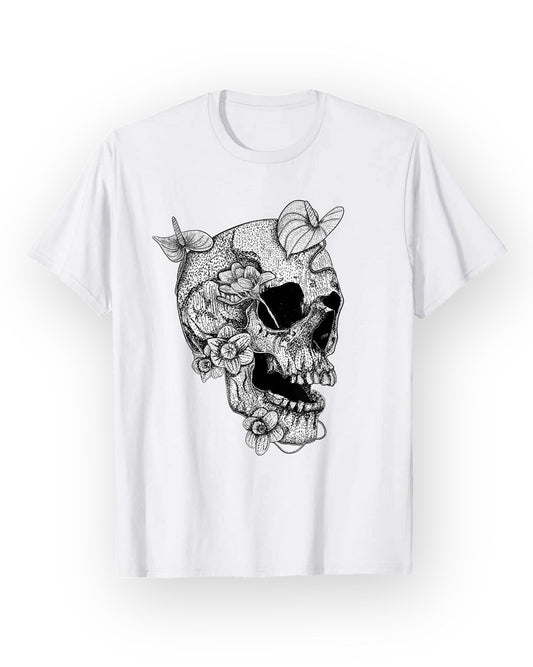 T-shirt Caveira Flores com Manga Curta na cor Branca