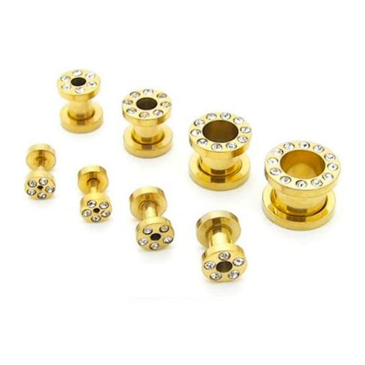 Reamer - Flesh Tunnel - Golden Stainless Steel with Glass Stones