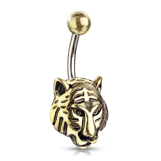 Umbigo piercing com cabeça de tigre