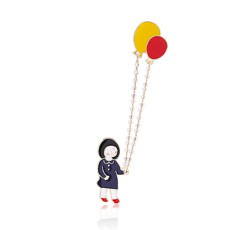 Badge - Girl Lapel Pin with Balloon, in Metal and Enamelled Paint