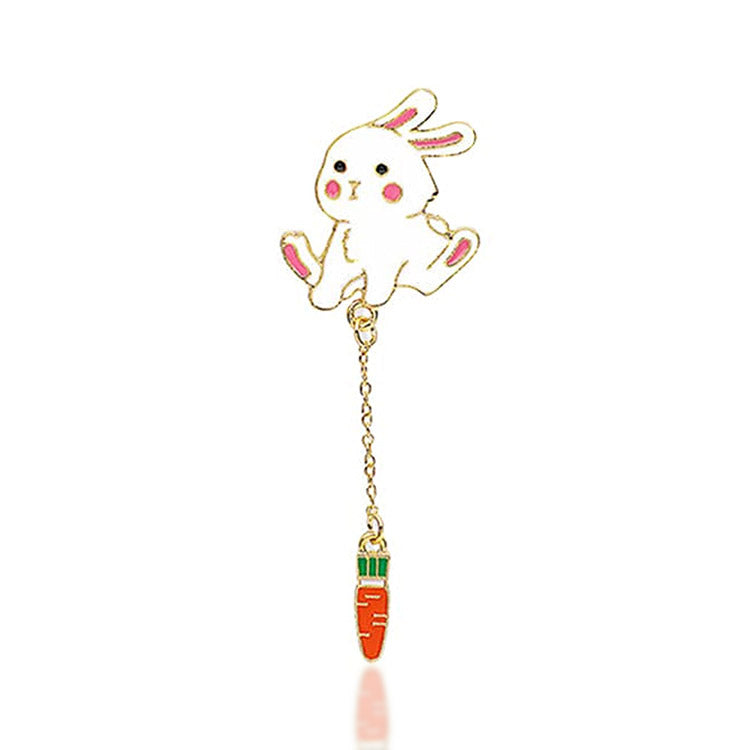 Badge - Lapel Pin in the shape of a Rabbit and Carrot, with a metal chain and enamel paint