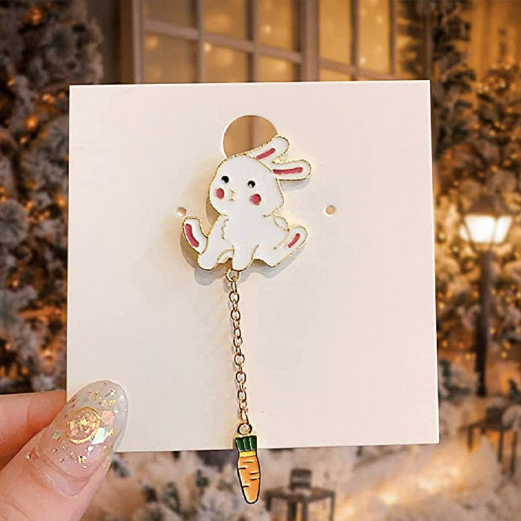 Badge - Lapel Pin in the shape of a Rabbit and Carrot, with a metal chain and enamel paint